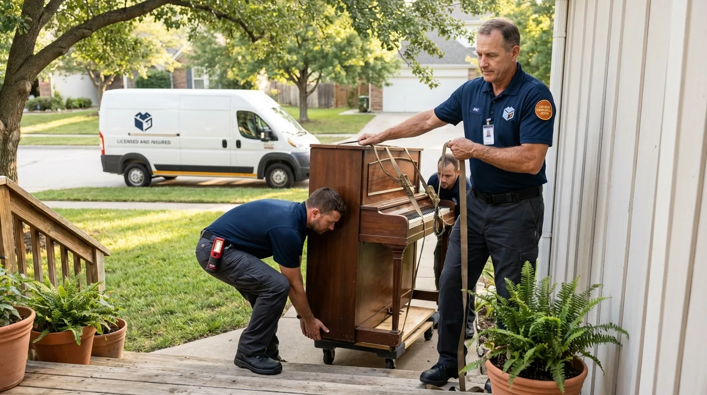 Licensed piano movers securing grand piano in West Grove, PA