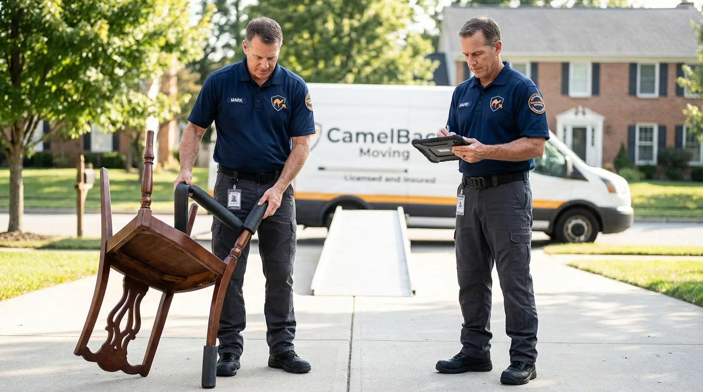 Movers inspecting furniture for damage prevention before loading in West Grove, PA