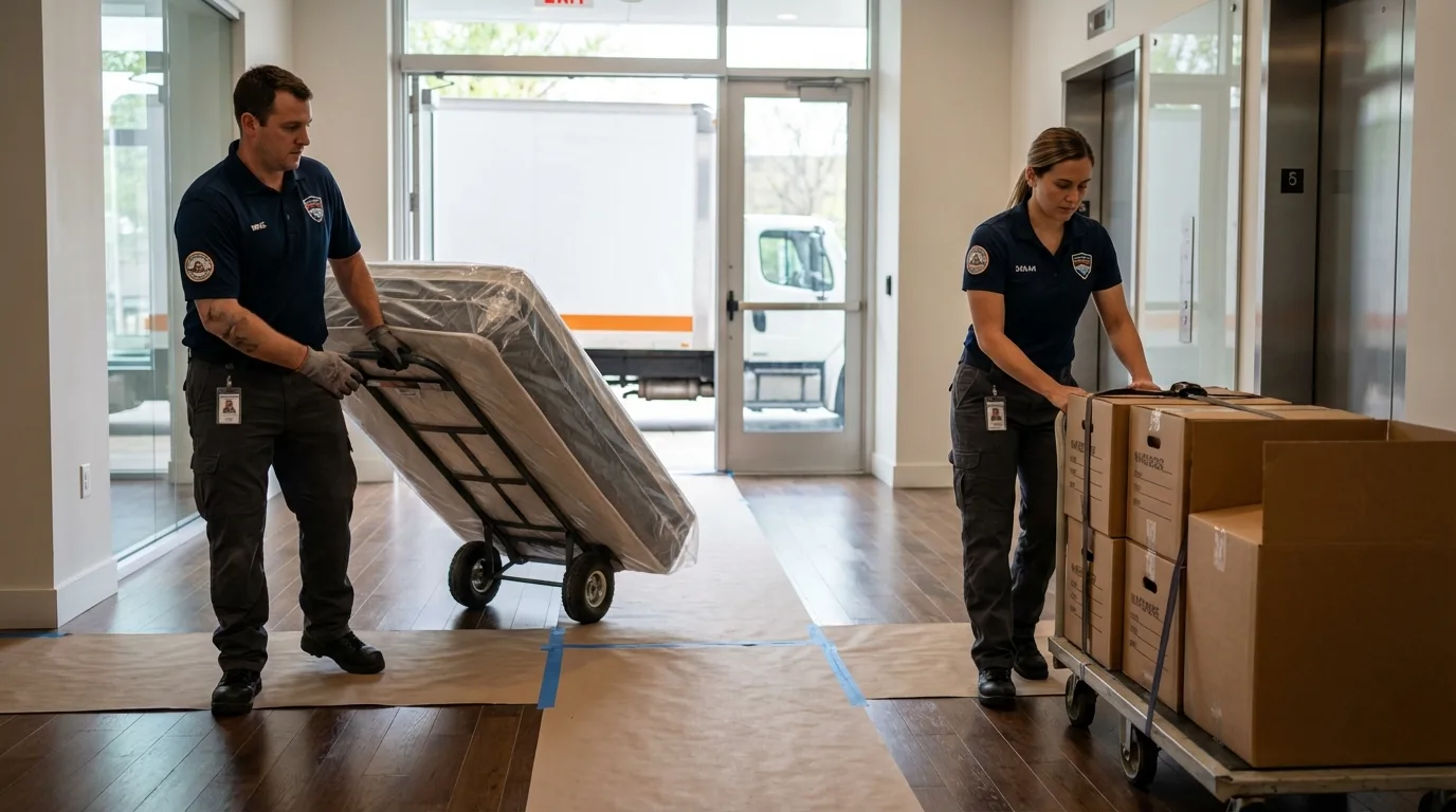 Professional apartment movers loading elevator in West Grove, PA