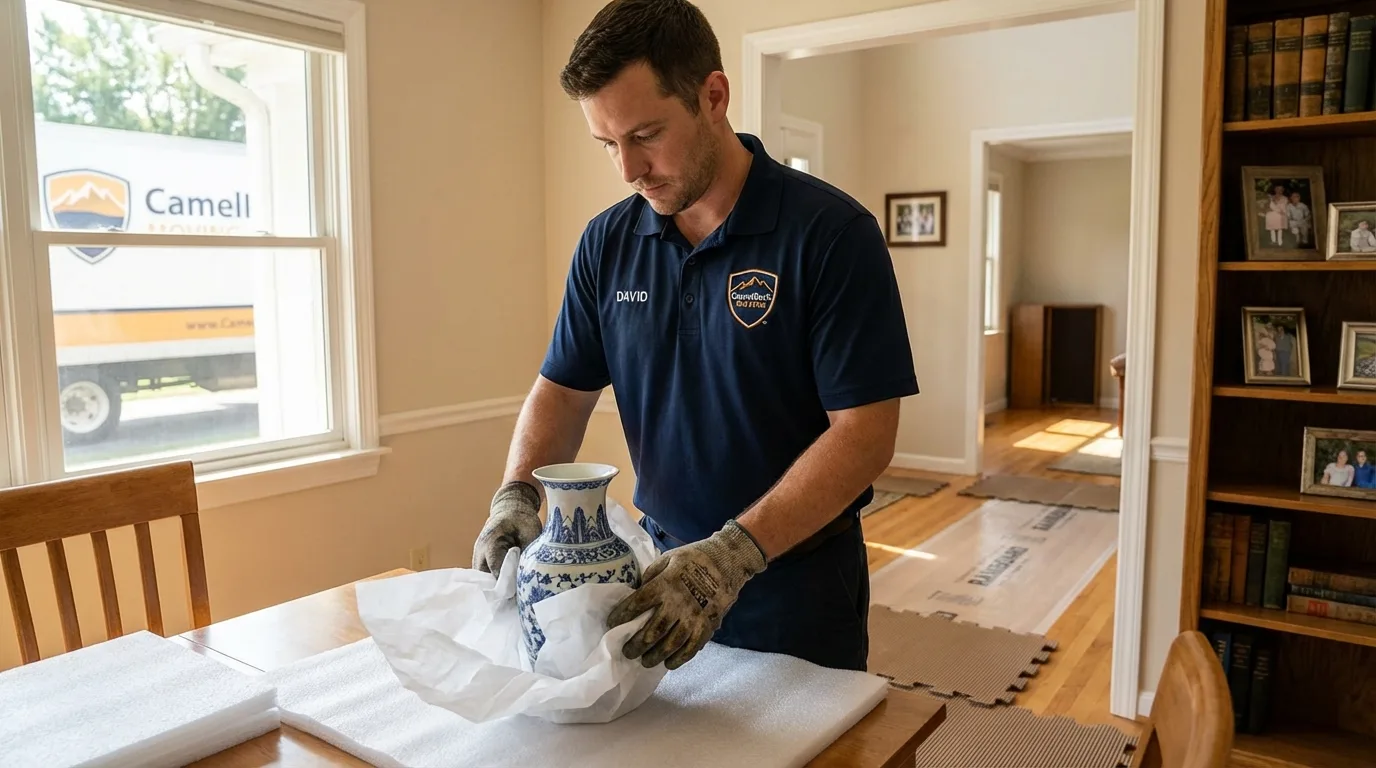 Professional crew carefully wrapping antique vase for senior downsizing move in West Grove, PA