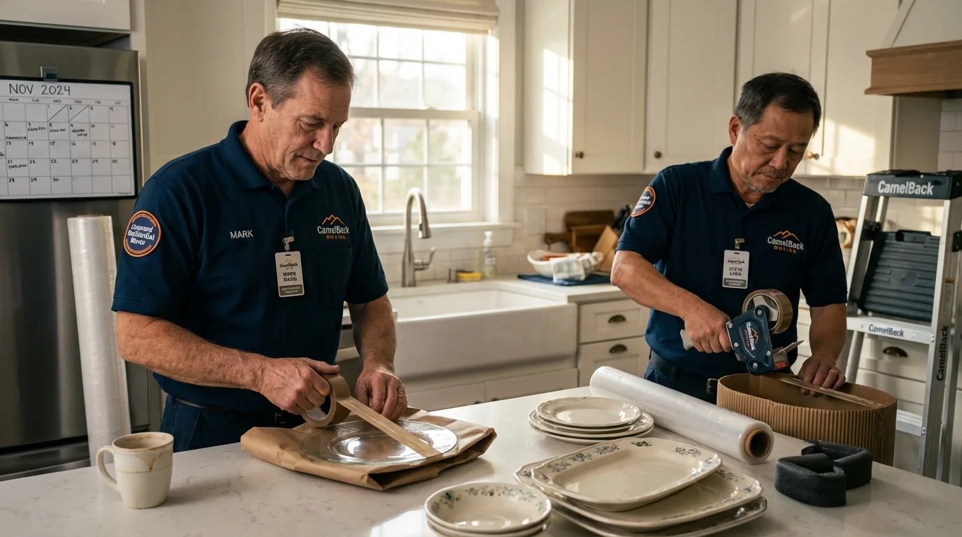 Professional crew packing kitchen dishware in West Grove, PA